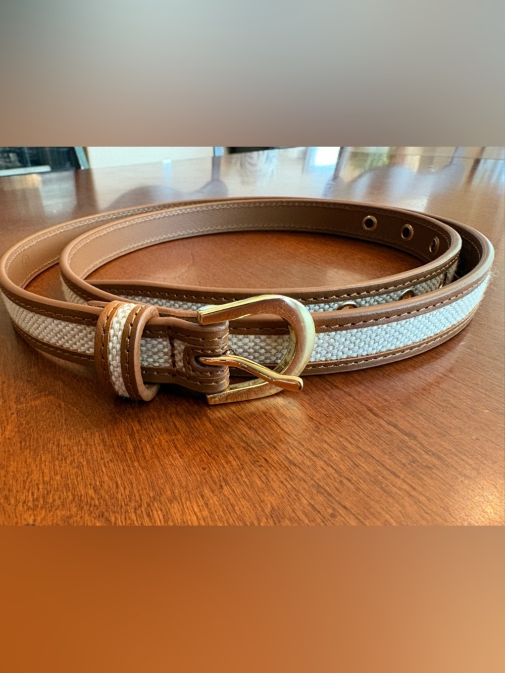 🤎 J.Crew Leather & Canvas Belt – Tan/Cream | Gold Buckle | Size XL